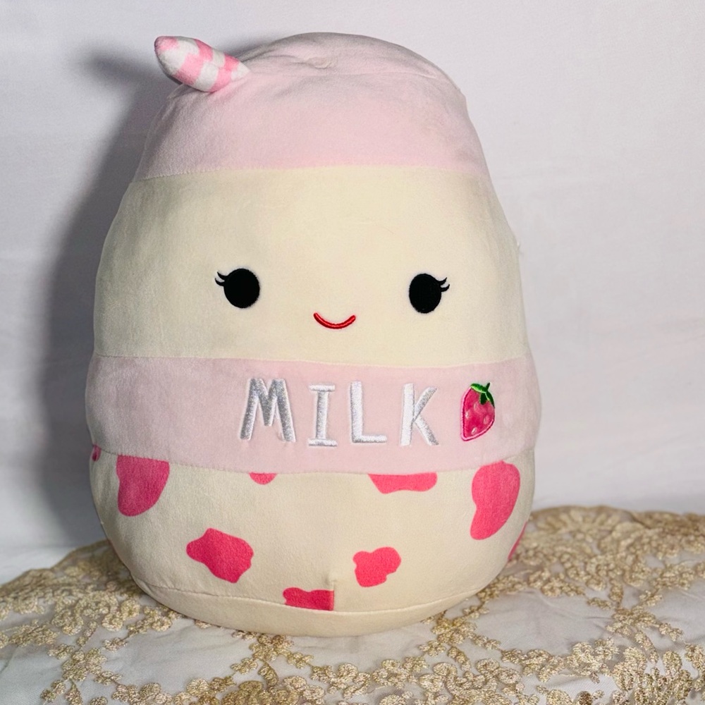 Large Cute Strawberry Milk Plush Toy-SmooshMellow with Pink cow print Accents.